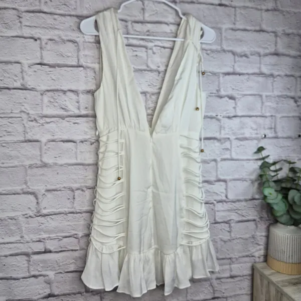 ​NWT Selfie Leslie Come Alive String Detail Deep V-Neck Mini Dress White M AU 10 - Image 5