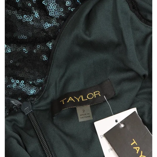 NWT Taylor Stretch Mesh Sequin Cinched Waist Gown Dress Bottle Green 2 - Image 10