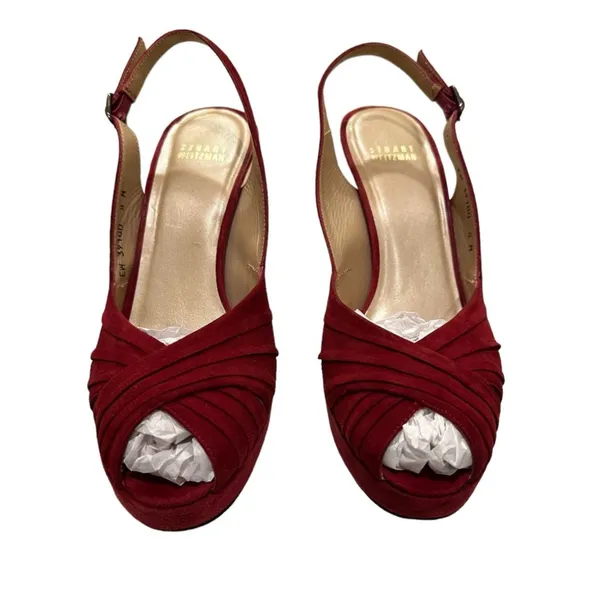 Burgundy Red Pleated Suede Peep Toe Platform Slingback Pumps 8M - Image 2
