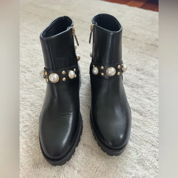 Karl Lagerfeld Paris Pixie Embellished Moto Leather Booties NWOT pearls 8.5 - Image 2