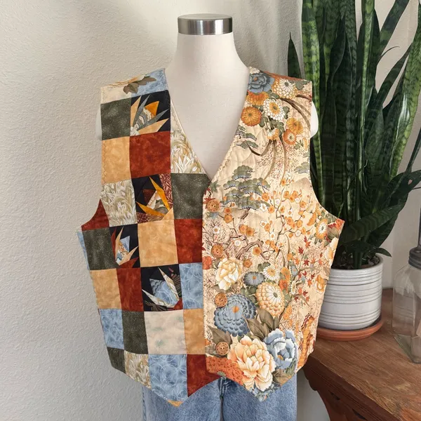 Vintage Patchwork Floral‎ Quilted Vest Reversible Boho Fall Layering large Orange - Image 11