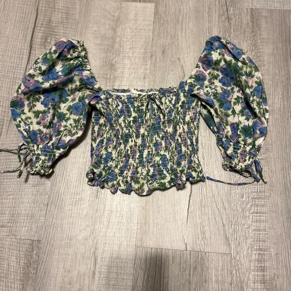 For‎ Love & Lemons Bridget Crop Top Floral Coquette Milkmaid Balloon Sleeve - Image 2