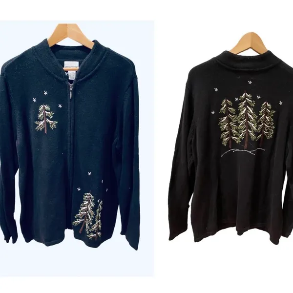 Vintage Christmas Sweater Cardigan Zip Trees 1X Embroidered Black Green - Image 4