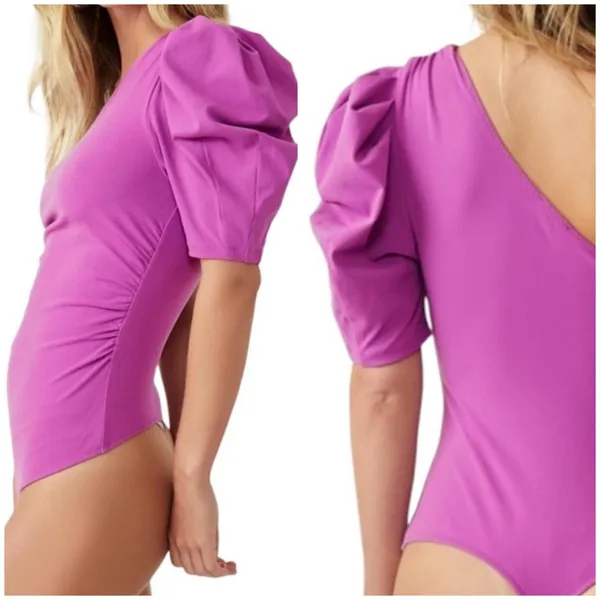 Free People One Shoulder Puff Sleeve L Bodysuit Magenta Ruched Side Stretchy - Image 3