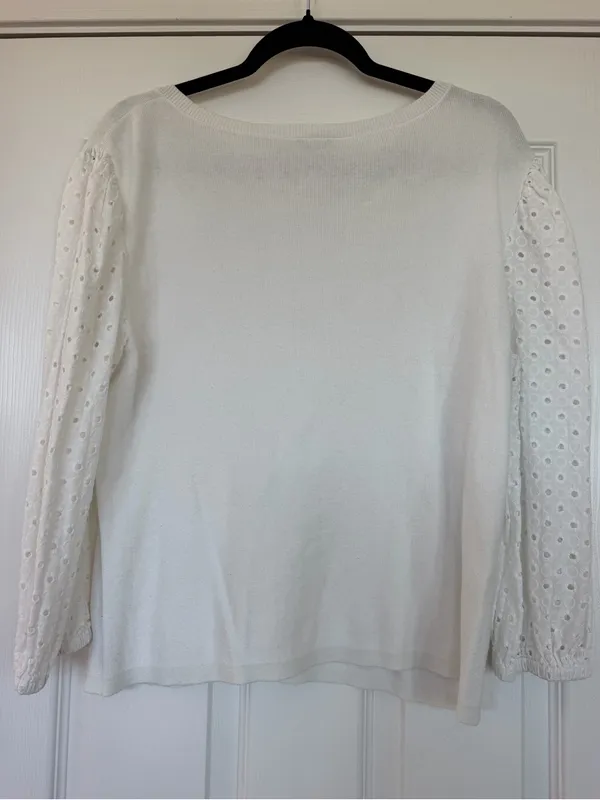 Ann Taylor Factory White Eyelet Sleeve Cotton Sweater Size L 🤍 - Image 2