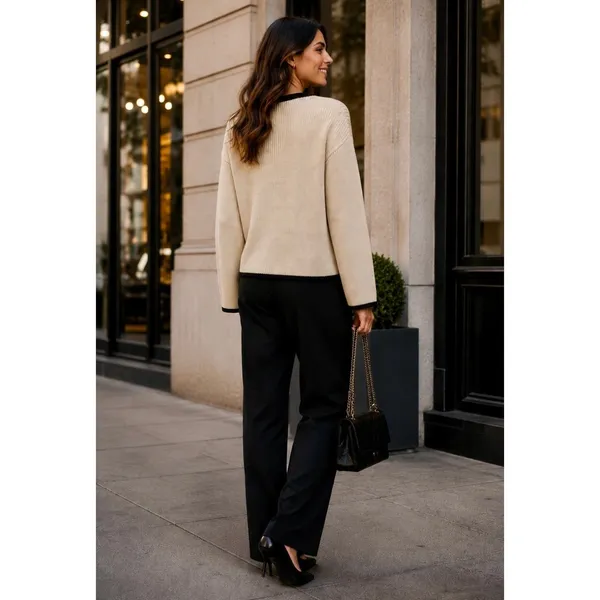 BALTIC BORN Beige‎ Ivory Black Pullover Sweater Rolled Edges Knitwear Large - Image 6