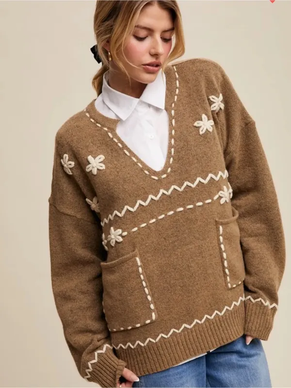 Zara Taupe V-Neck sweater - 77% wool & yak fiber - oversized slouchy style XS/S - Image 8