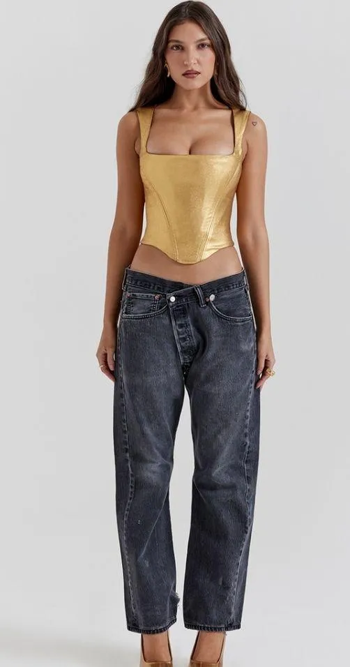 NWT House Of CB Karia Foil Corset Top in Gold Size M - Image 2