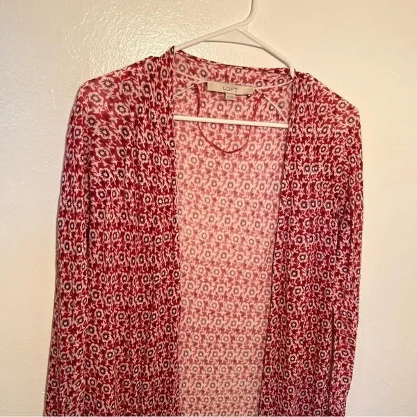 Loft Womens SIze XS Open Duster Cardigan Thin Semi-Sheer Red White Purple Floral - Image 4