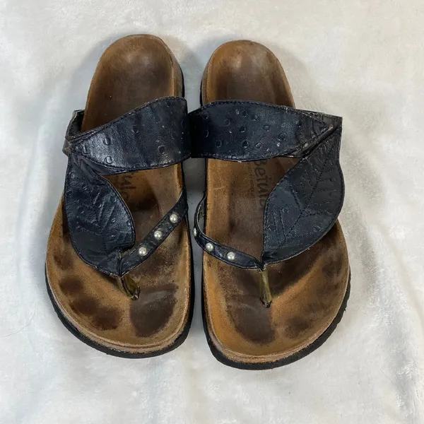 Betula Birkenstock Thong Sandals Black Leather‎ Pearls Size 38 W7-flaw - Image 3
