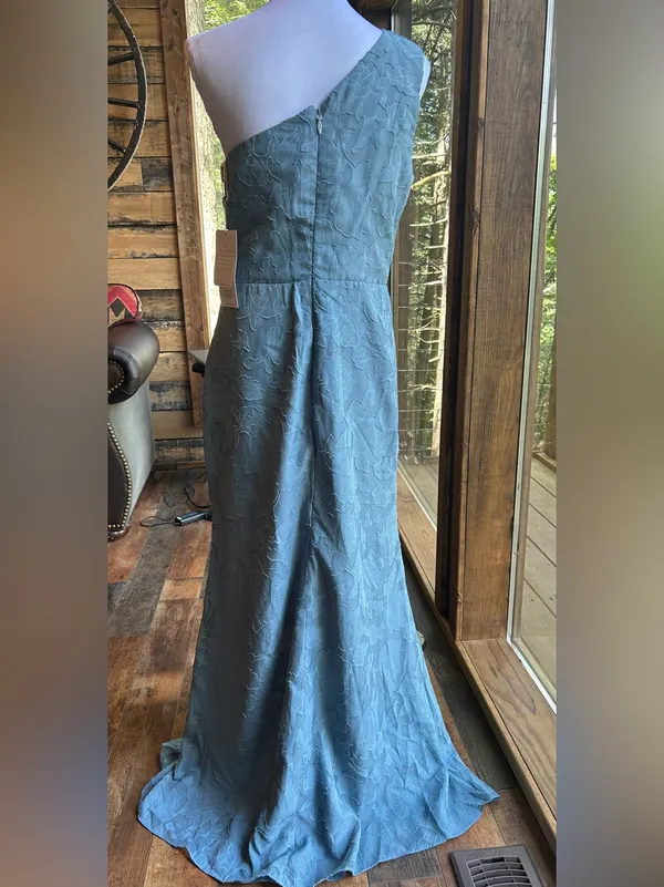 Light Blue Floral Lace Draped Formal Gown size 12 - Image 2