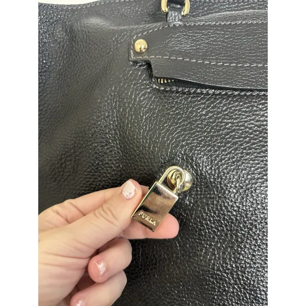 Furla Black Pebbled Leather Large Tote Bag Gold Hardware F Lock Charm - Image 3