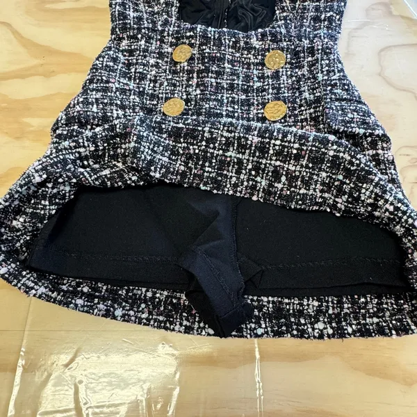 Storets Tweed Skort Romper Gold Button Double Breasted Sleeveless Pinafore Dress - Image 6