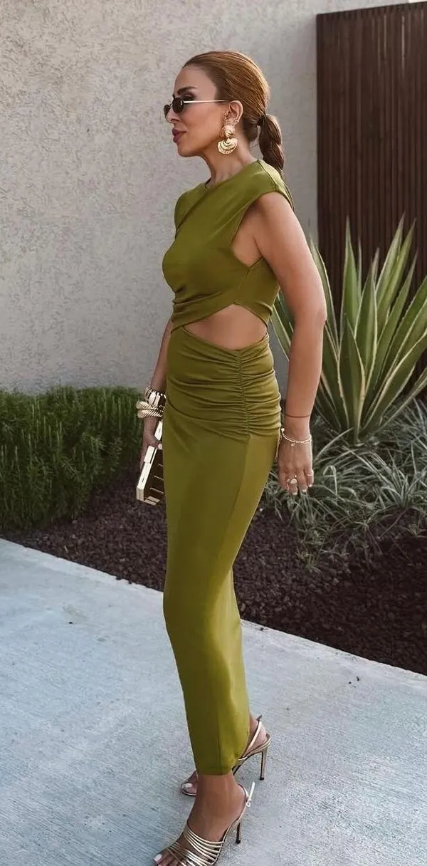 Zara midi Olive Green Cutout Dress Casual wedding evening fitted bodycon - Image 3