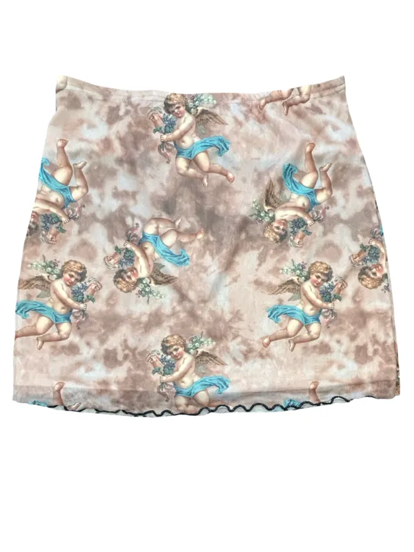 Mesh Cherub Angel Print Mini Skirt Y2K Renaissance Grunge Whimsigoth Cupid LG - Image 3