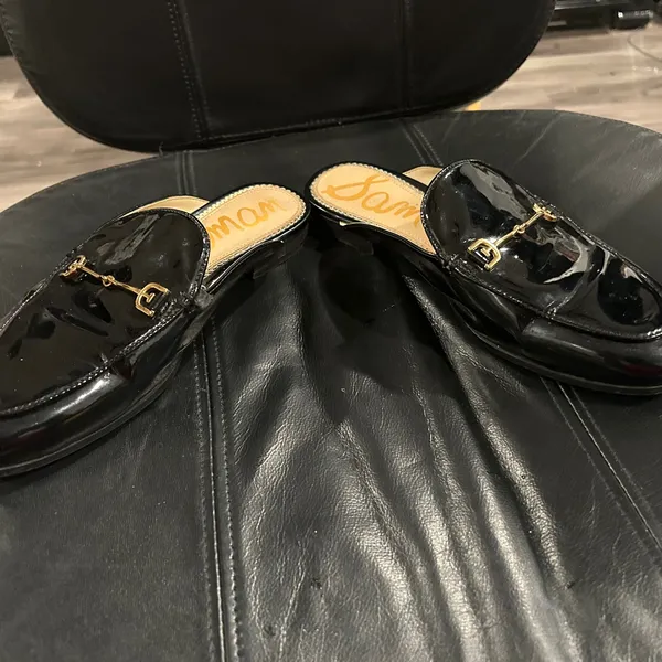 Sam Edelman Black Patent Mules with Gold Detail - Image 9