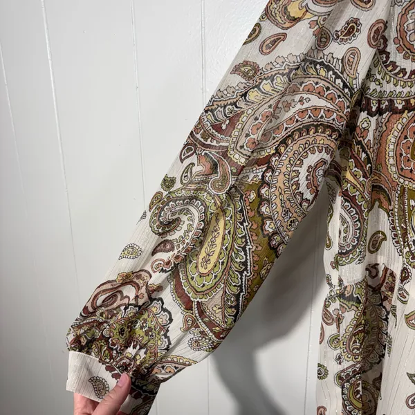 Floral & Ivy Brown Paisley Pattern Metallic Peasant Long Sleeve Chiffon Blouse M - Image 2