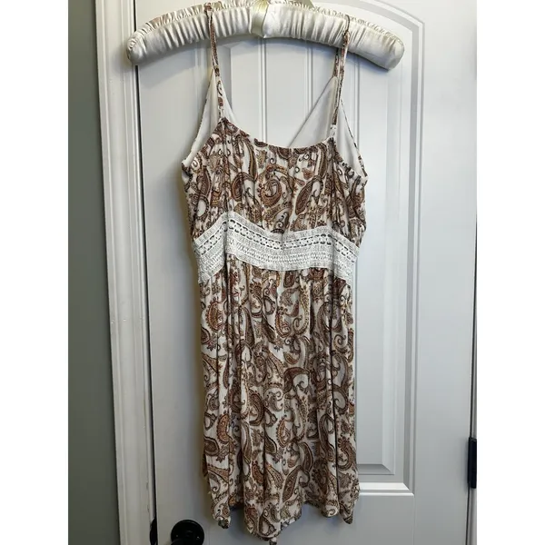 Justify XL Cream Brown Paisley Rayon Crochet Waist Sleeveless Boho Jumper Dress - Image 8
