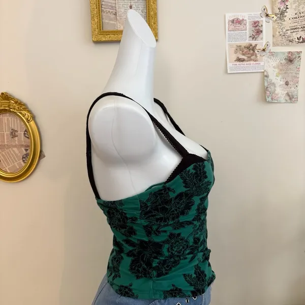 Free People Camisole Size XS Green Black Floral Print Tank Top - Image 3