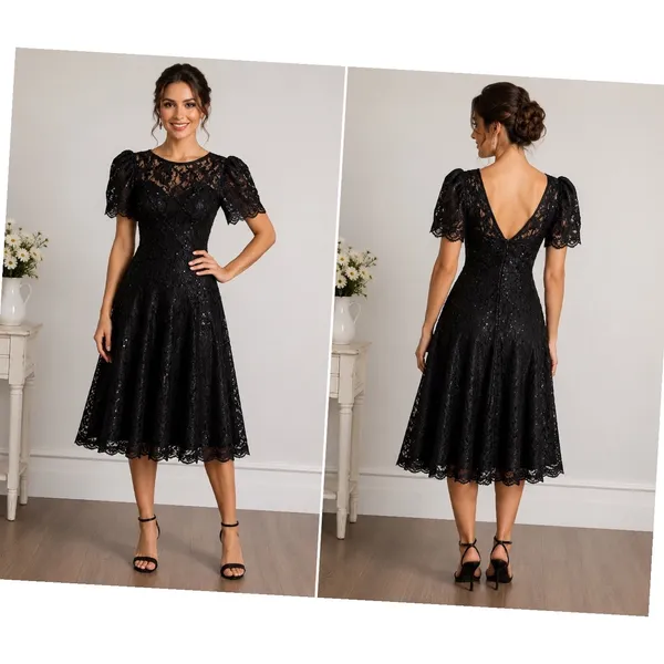 JW Collections‎ Black Vintage Lace Sequin V-Back Cocktail Dress USA Made Size 4 - Image 2
