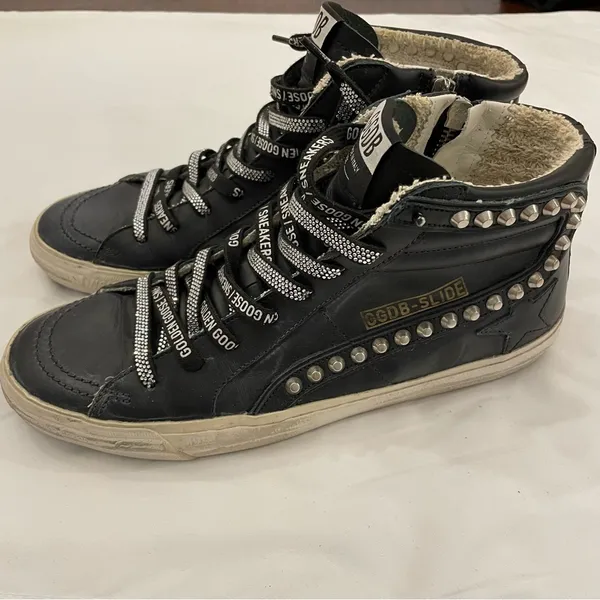 Golden Goose Women's Slide Black with Studs size 41, US 11‎ with Swarovski Laces - Image 3