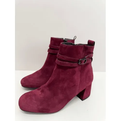 Paul Green Burgundy Suede Ankle Boots Block Heel Buckle Strap Zipper Size 7 US‎ - Image 4