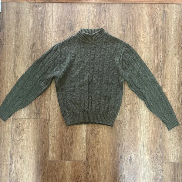 VTG 80s Olive Green Fisherman Knit Sweater USA Union‎ Made Womens M Chunky Knit - Image 2