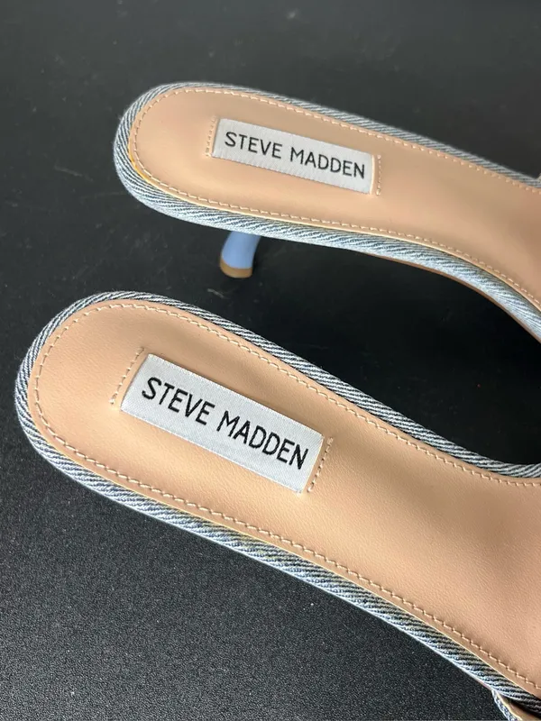 Steve Madden Embroidered Eyelet Floral Denim Josefina Slip On Kitten Heel - Image 6