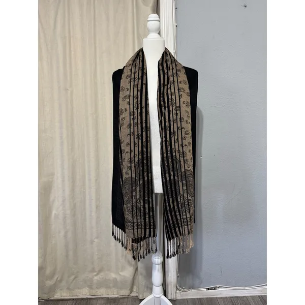 Black and Tan Paisley Floral Pashmina Wrap Scarf Shawl with Fringe Trim 28x72 in - Image 4
