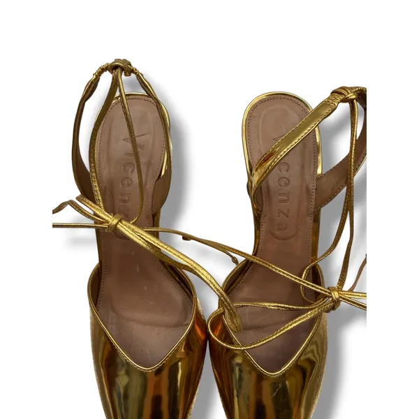 Vicenza Gold Metallic Sculptural Heel Pumps 39‎ Lace Up Pointed Toe Statement - Image 9