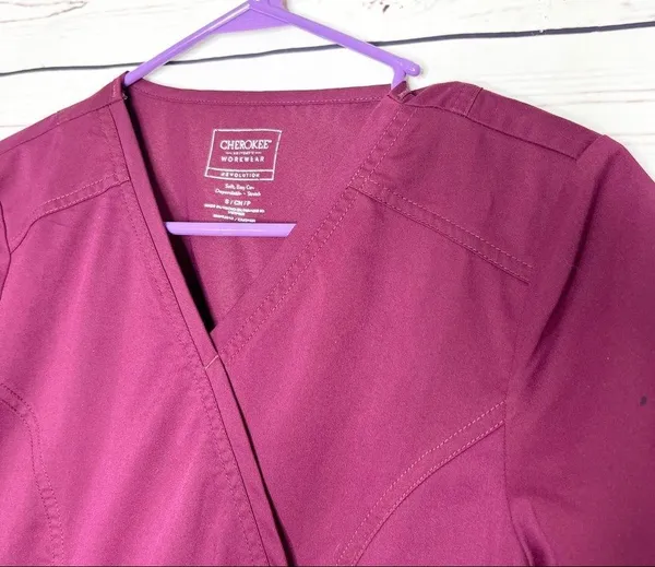 Cherokee Workwear Mock Wrap Medical Scrubs Top Burgundy Wine Size Small - Image 5