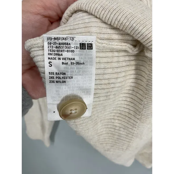 Uniqlo Women Cardigan Ribbed V-Neck Button Front Beige Small - Image 4