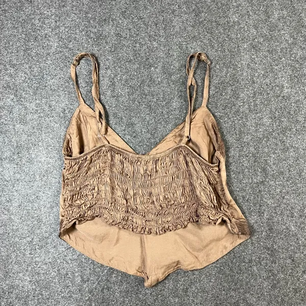 Subdued Brown Satin Lace Trim Handkerchief Hem Camisole Smocked Back Top‎ Small - Image 6