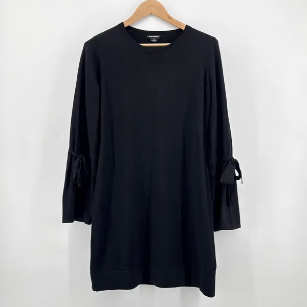 Club Monaco Womens Black 100% Wool Bell Sleeve Bow‎ Detail Sweater Dress Large - Image 2