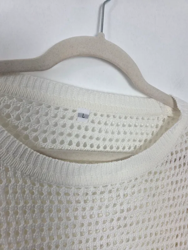 Ivory Cream Loose Knit Swim Cover Up Long Sleeve Sheer Cottagecore Beach Boho L - Image 7