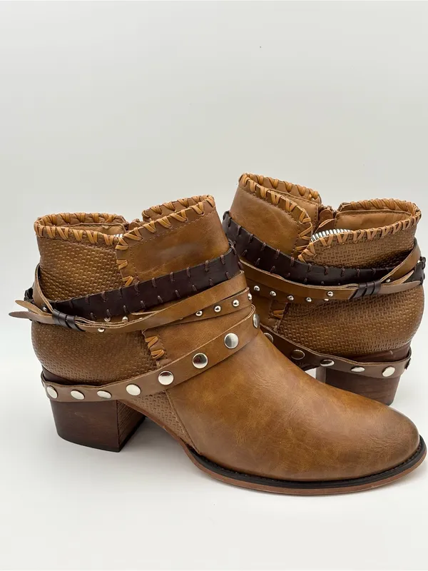 Patrizia Strappy Faux Leather Dressy Boots Studded‎ Ankle Booties Braided Strap - Image 6