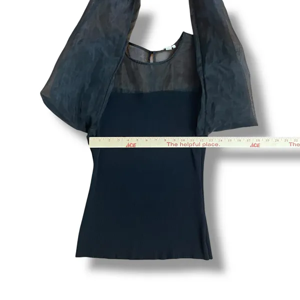 Black Sheer Puff Sleeve Top Ribbed Knit Romantic‎ Coquette Blouse L - Image 3