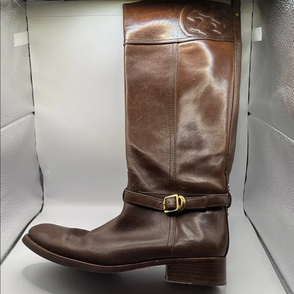 Tory Burch Marlene Riding Boots Brown Leather 9M Gold Buckle Equestrian Tall - Image 14
