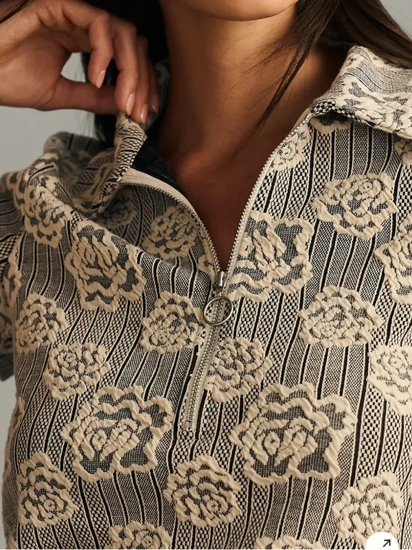 Anthropologie Maeve Floral Jacquard Zip Neck Polo Top Black Cream Size XS - Image 4