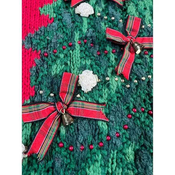 Vintage 90s Christmas Sweater TIARA Women L Red Tree Embroidered‎ Embellished - Image 11