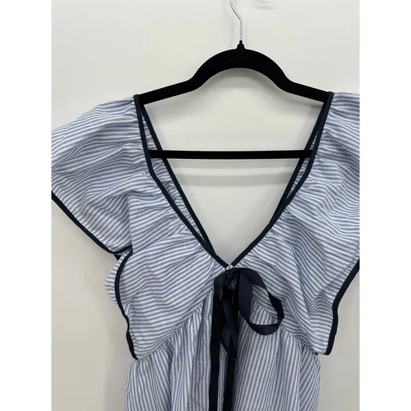 SheIn Womens L Blue White Striped Ruffle Mini Dress Tie Front Coastal Nautical Preppy - Image 5
