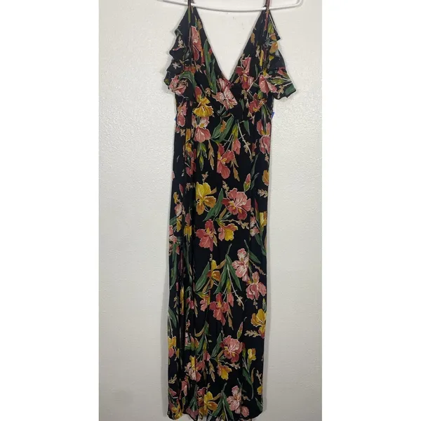 Privacy Please Black Floral Ruffle Maxi Dress Adjustable Straps V-Neck Size S - Image 6