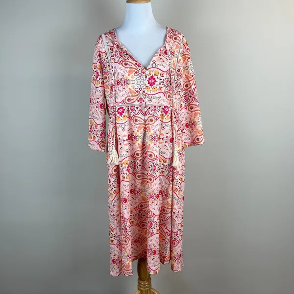 Sheilay Midi Dress Womens Large Pink Floral Tassel 3/4 Sleeve V-Neck‎ Summer NEW - Image 2