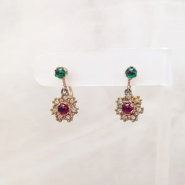 Vintage Screw On Earrings Green, Red, Clear, Gold Tone Regal Dangle Earrings - Image 2