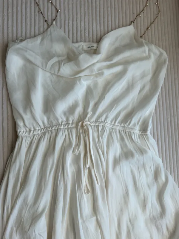 Mustard Seed White Pearl Chain Strap Cold Shoulder Maxi Dress L Bridal - Image 2