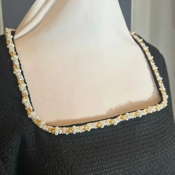 Women’s Short Black Dress Square Neck Faux Pearl-Like Trim **Tag L fits like M - Image 3