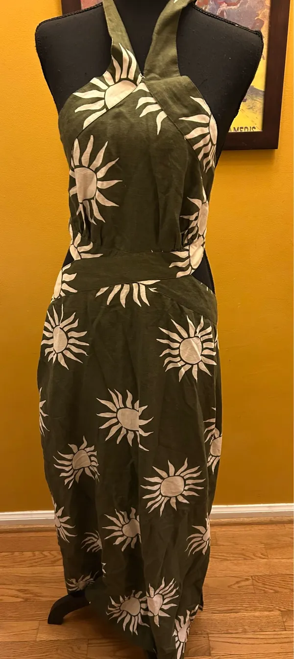 Loft Beach Green Linen Sun Print Cut Out Tie Back Halter Long Dress Size 10 - Image 2
