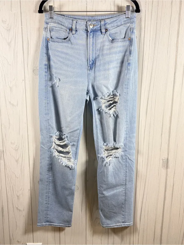 AMERICAN EAGLE High Rise Distressed Mom Straight Jeans, Size 6, Light Wash - Image 3