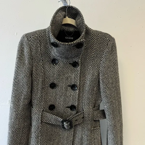 Guess Women’s Wool‎ Blend Herringbone Tailored Double Breasted Pea Coat Gray Sm - Image 4