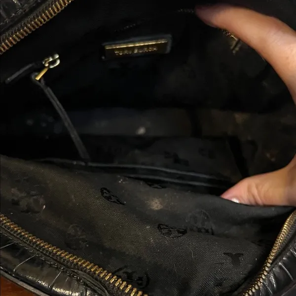 Tory Burch Croc Embossed Black Leather Mini Backpack Purse Gold Logo Casual Luxe - Image 15